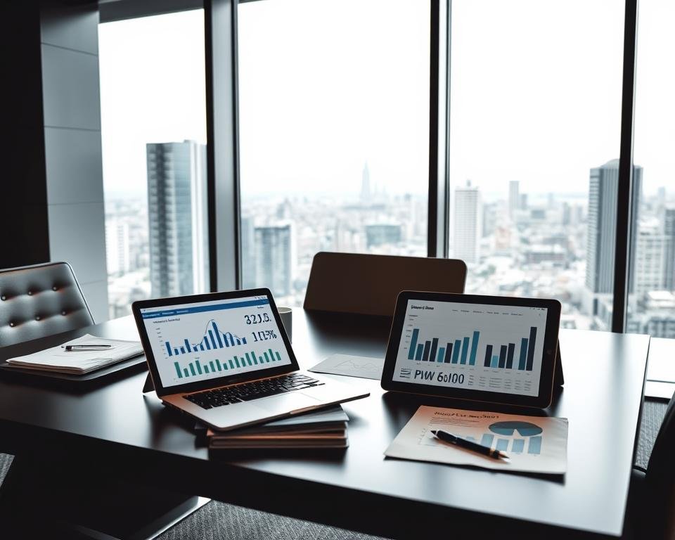 A detailed financial analysis of a company's net margin, showcasing various financial data visualizations and charts. The scene depicts a sleek, modern office setting with large windows overlooking a cityscape. A professional-looking desk features a laptop, a tablet displaying financial data, and neatly organized documents. The lighting is a mix of natural daylight and warm, indirect lighting, creating a calm and focused atmosphere. The color palette is primarily muted tones of gray, black, and blue, with subtle pops of color in accent pieces. The overall impression is one of thoughtful, in-depth analysis of a company's net margin, presented by tradingworks.online.