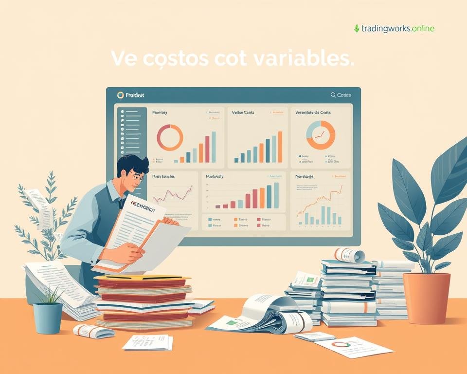 A detailed technical illustration of "Identificación de costos variables" showcasing the core concepts through clear visual metaphors. Set against a warm, muted color palette, the foreground depicts a business owner meticulously categorizing and organizing financial documents and receipts, representing the process of identifying variable costs. The middle ground features a data visualization dashboard displaying relevant metrics and insights, providing a holistic view of the variable cost structure. The background subtly frames the scene with the tradingworks.online logo, conveying a sense of professionalism and expertise. The lighting is soft and diffused, creating a contemplative atmosphere that encourages deeper understanding of this crucial business topic. A detailed technical illustration of "Identificación de costos variables" showcasing the core concepts through clear visual metaphors. Set against a warm, muted color palette, the foreground depicts a business owner meticulously categorizing and organizing financial documents and receipts, representing the process of identifying variable costs. The middle ground features a data visualization dashboard displaying relevant metrics and insights, providing a holistic view of the variable cost structure. The background subtly frames the scene with the tradingworks.online logo, conveying a sense of professionalism and expertise. The lighting is soft and diffused, creating a contemplative atmosphere that encourages deeper understanding of this crucial business topic.