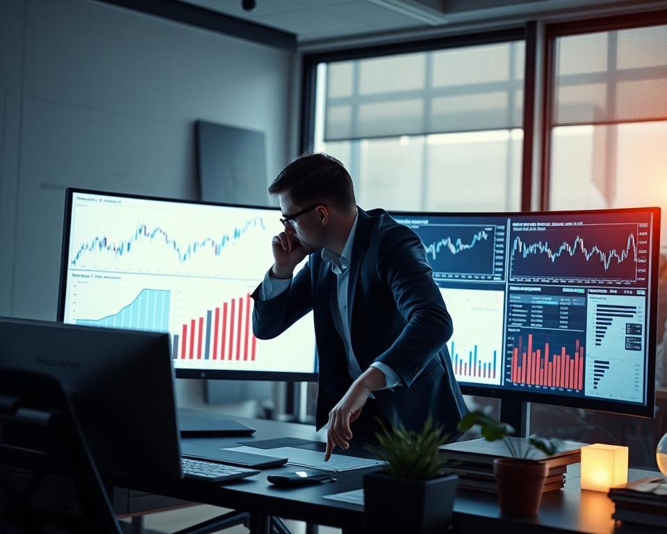 A dynamic financial decision-making scene featuring a tradingworks.online executive analyzes investment options on a sleek, ultrawide monitor. Surrounded by charts, graphs, and analytical tools, the figure leans in, deep in thought, as the subtle interplay of light and shadow across the modern office setting creates a contemplative atmosphere. The composition emphasizes the thoughtful, data-driven process behind shrewd financial decisions that yield high returns on investment.