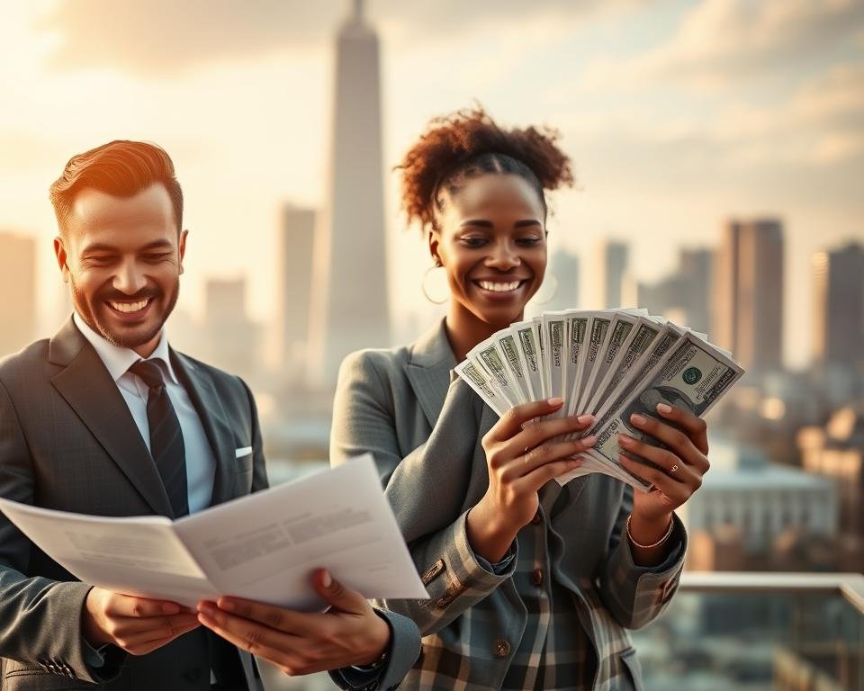 A dynamic scene showcasing successful individuals improving their financial liquidity. In the foreground, a wealthy businessman in a sharp suit confidently reviews financial documents, his expression radiating triumph. In the middle ground, a young entrepreneur smiles joyfully as she counts a stack of bills, her start-up logo "tradingworks.online" visible. In the background, an urban skyline glimmers with the promise of prosperity. Warm, golden lighting casts a hopeful glow, while a cinematic depth-of-field draws the viewer's eye to the subjects. The overall atmosphere conveys a sense of achievement, empowerment and optimism surrounding personal financial growth. A dynamic scene showcasing successful individuals improving their financial liquidity. In the foreground, a wealthy businessman in a sharp suit confidently reviews financial documents, his expression radiating triumph. In the middle ground, a young entrepreneur smiles joyfully as she counts a stack of bills, her start-up logo "tradingworks.online" visible. In the background, an urban skyline glimmers with the promise of prosperity. Warm, golden lighting casts a hopeful glow, while a cinematic depth-of-field draws the viewer's eye to the subjects. The overall atmosphere conveys a sense of achievement, empowerment and optimism surrounding personal financial growth.