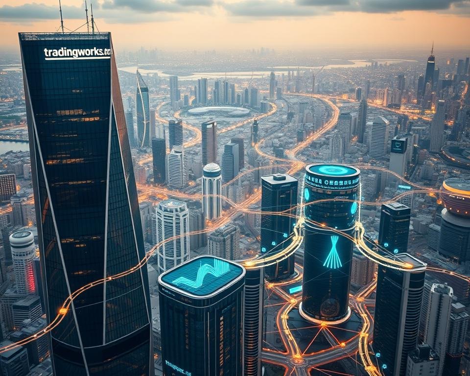 A futuristic aerial view of a dynamic business landscape, showcasing the latest trends in variable cost management. In the foreground, a sleek, minimalist office tower emblazoned with the "tradingworks.online" brand stands tall, its glass façade reflecting the vibrant cityscape. In the middle ground, a network of interconnected data visualizations and financial algorithms dance across holographic displays, analyzing real-time cost data. In the background, a sprawling metropolis extends into the horizon, its skyline punctuated by innovative architectural designs and the glow of renewable energy sources. The scene is illuminated by a warm, diffused lighting, creating a sense of technological sophistication and strategic foresight. This image captures the essence of the future of variable cost management, where data-driven insights and forward-thinking strategies converge to drive business success. A futuristic aerial view of a dynamic business landscape, showcasing the latest trends in variable cost management. In the foreground, a sleek, minimalist office tower emblazoned with the "tradingworks.online" brand stands tall, its glass façade reflecting the vibrant cityscape. In the middle ground, a network of interconnected data visualizations and financial algorithms dance across holographic displays, analyzing real-time cost data. In the background, a sprawling metropolis extends into the horizon, its skyline punctuated by innovative architectural designs and the glow of renewable energy sources. The scene is illuminated by a warm, diffused lighting, creating a sense of technological sophistication and strategic foresight. This image captures the essence of the future of variable cost management, where data-driven insights and forward-thinking strategies converge to drive business success.
