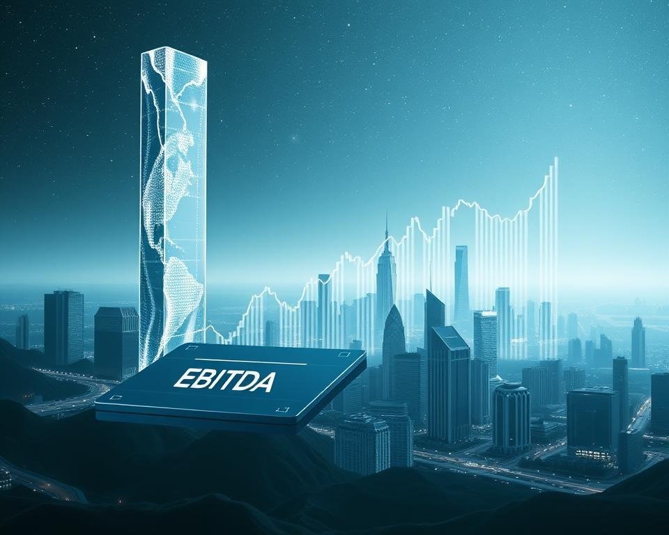 A futuristic landscape with a towering, gleaming financial chart representing the EBITDA margin. The chart is made of transparent, holographic material, projecting shifting data visualizations. In the foreground, a sleek, metallic interface with the tradingworks.online logo hovers, displaying real-time EBITDA data. The middle ground features a city skyline of towering, angular skyscrapers in muted tones. The background is a vast, starry expanse, conveying a sense of technological advancement and the growing importance of EBITDA as a key financial indicator. Lighting is cool, directional, and minimalist, creating a sophisticated, forward-thinking atmosphere.