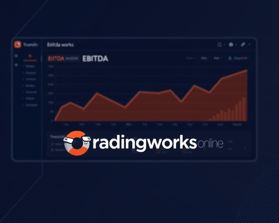 A high-quality digital illustration of a financial analysis dashboard, featuring a line graph depicting the EBITDA margin trend over time. The dashboard has a sleek, modern design with a dark color scheme and clean typography. In the foreground, the tradingworks.online logo is prominently displayed. The middle ground showcases the EBITDA margin line graph, with clearly labeled axes and data points. The background features subtle geometric patterns and shapes, adding depth and visual interest to the composition. The overall mood is one of professionalism, data-driven insights, and financial expertise.