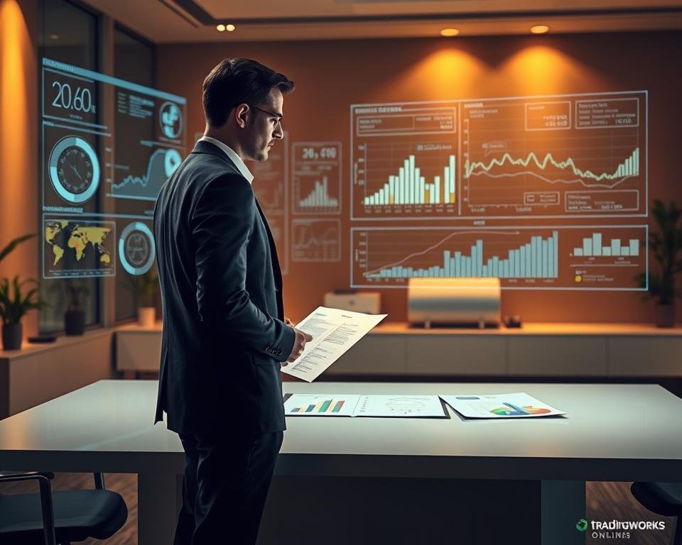 A meticulously crafted scene depicting advanced net margin strategies. In the foreground, a well-dressed business executive stands before a sleek, minimalist desk, studying financial reports with a contemplative expression. The middle ground showcases a large, holographic display projecting intricate charts and graphs, highlighting key performance indicators. In the background, the office space is bathed in a warm, amber glow, conveying a sense of professionalism and expertise. Subtle, tradingworks.online branding elements are tastefully incorporated, complementing the overall aesthetic. The scene exudes an atmosphere of strategic thinking, data-driven decision-making, and a commitment to optimizing net margin for business success.
