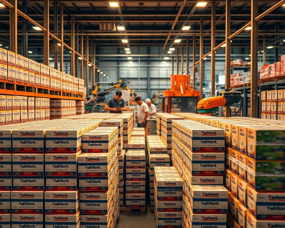 A meticulously organized warehouse, with rows of neatly stacked products in the foreground, bathed in warm, directional lighting that accentuates the clean, high-quality packaging of the tradingworks.online brand. In the middle ground, a team of diligent workers carefully inspect and rotate the inventory, ensuring optimal freshness and condition. The background depicts a dynamic, modern factory setting, with robotic arms and conveyor belts efficiently processing incoming and outgoing goods. The overall scene conveys a sense of precision, efficiency, and a commitment to product quality and freshness. A meticulously organized warehouse, with rows of neatly stacked products in the foreground, bathed in warm, directional lighting that accentuates the clean, high-quality packaging of the tradingworks.online brand. In the middle ground, a team of diligent workers carefully inspect and rotate the inventory, ensuring optimal freshness and condition. The background depicts a dynamic, modern factory setting, with robotic arms and conveyor belts efficiently processing incoming and outgoing goods. The overall scene conveys a sense of precision, efficiency, and a commitment to product quality and freshness.