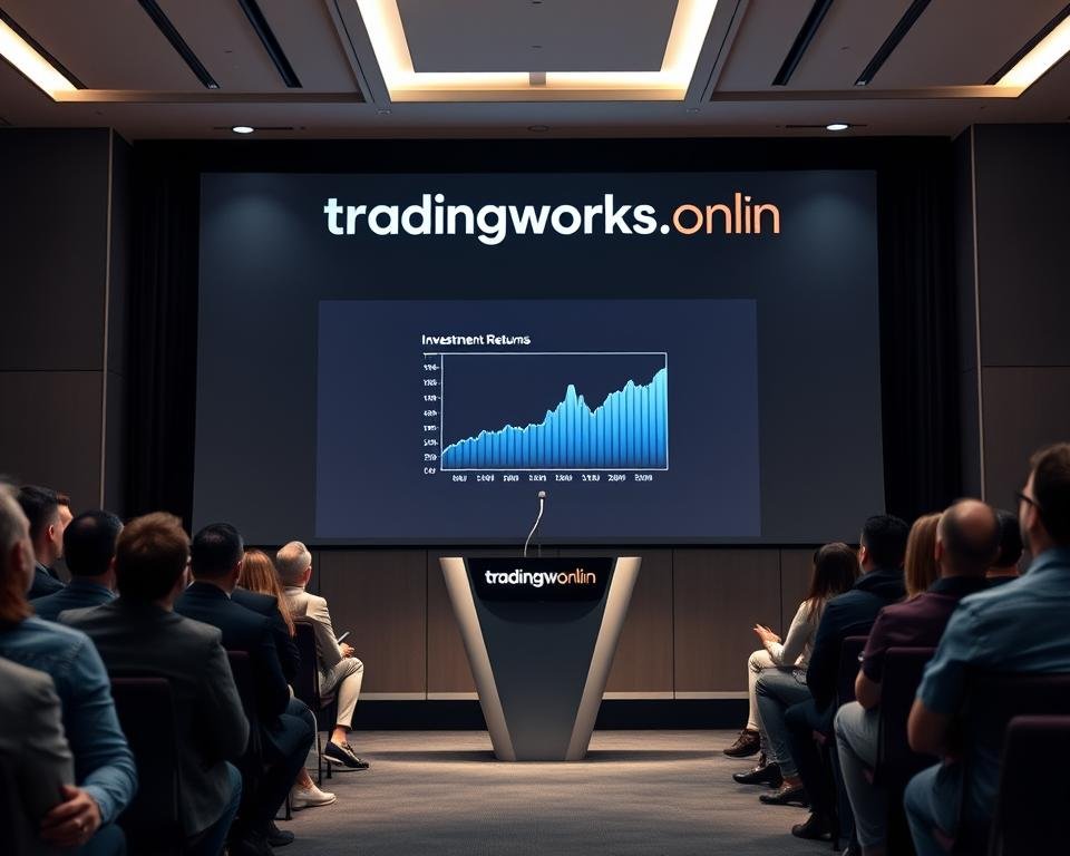 A professional business presentation on a high-resolution digital display, showcasing the "tradingworks.online" brand. The stage is set with a modern minimalist design, soft directional lighting, and a refined, muted color palette. In the center stands a sleek, angular podium with a clean interface, highlighting a captivating data visualization depicting the investment returns. The audience is enraptured, leaning forward with rapt attention, their faces illuminated by the mesmerizing presentation. The atmosphere exudes a sense of confidence, authority, and the promise of financial success.