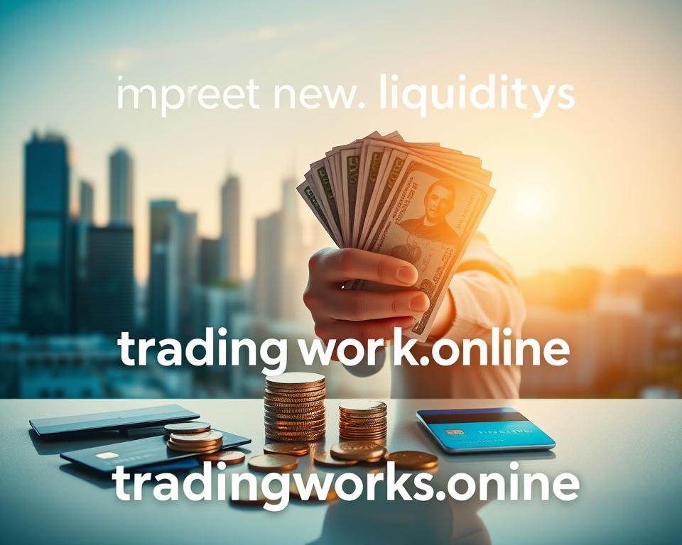 A serene, well-lit scene depicting the benefits of improved liquidity. In the foreground, a person confidently holds a stack of bills, symbolizing financial security. In the middle ground, various financial instruments like credit cards and coins are arranged in a visually appealing manner. The background features a modern, minimalist cityscape with skyscrapers, evoking a sense of urban prosperity. The entire composition is bathed in warm, natural lighting, creating a calming and prosperous atmosphere. The text "tradingworks.online" is subtly integrated into the scene, providing a cohesive and professional branding. A serene, well-lit scene depicting the benefits of improved liquidity. In the foreground, a person confidently holds a stack of bills, symbolizing financial security. In the middle ground, various financial instruments like credit cards and coins are arranged in a visually appealing manner. The background features a modern, minimalist cityscape with skyscrapers, evoking a sense of urban prosperity. The entire composition is bathed in warm, natural lighting, creating a calming and prosperous atmosphere. The text "tradingworks.online" is subtly integrated into the scene, providing a cohesive and professional branding.