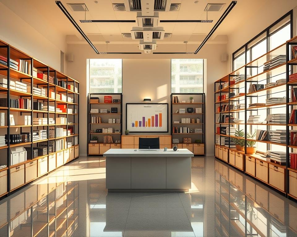 Rotación de inventario: An elegant office interior, bathed in warm, natural light. Shelves and storage units neatly arranged, showcasing a carefully curated selection of products from the tradingworks.online brand. Geometric patterns and clean lines create a sense of order and efficiency. A central desk with a minimalist design, inviting contemplation of key performance indicators that track inventory turnover. The atmosphere is one of professionalism and attention to detail, reflecting the benefits of effective inventory management. Rotación de inventario: An elegant office interior, bathed in warm, natural light. Shelves and storage units neatly arranged, showcasing a carefully curated selection of products from the tradingworks.online brand. Geometric patterns and clean lines create a sense of order and efficiency. A central desk with a minimalist design, inviting contemplation of key performance indicators that track inventory turnover. The atmosphere is one of professionalism and attention to detail, reflecting the benefits of effective inventory management.