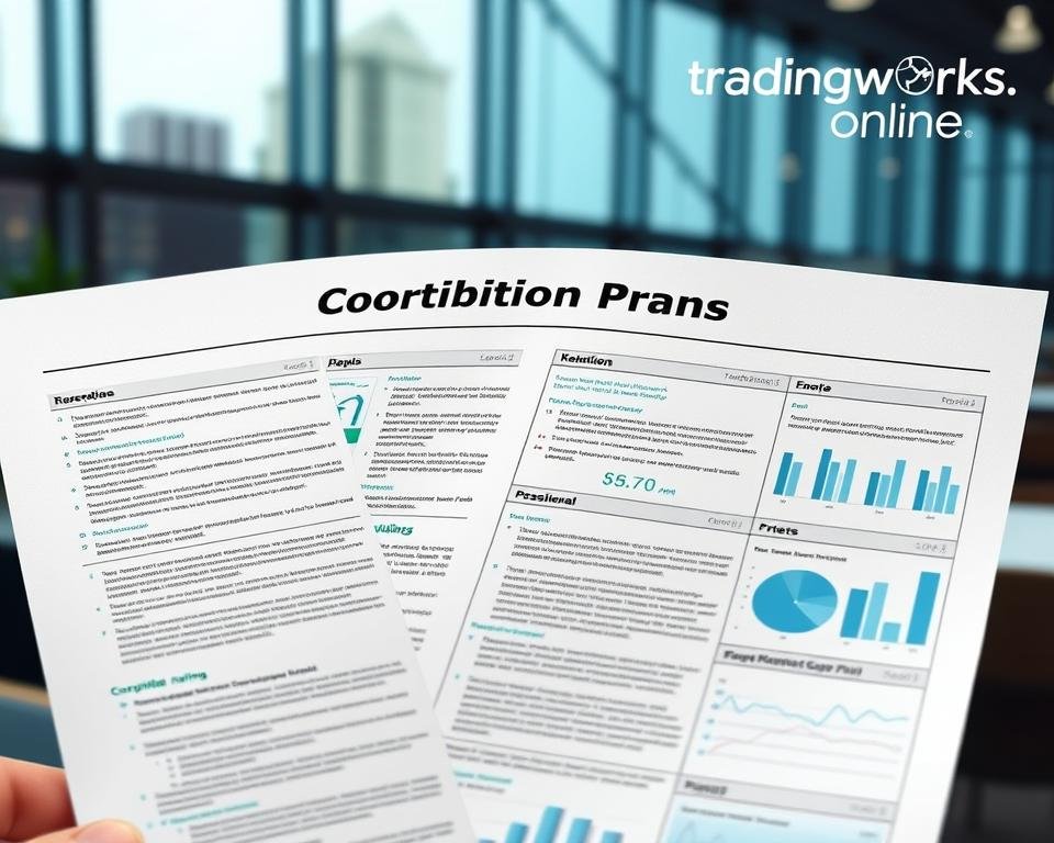 a detailed business plan with focus on the contribution margin, featuring a well-organized layout with clear sections, charts, and diagrams, set against a modern, professional backdrop with the tradingworks.online brand prominently displayed in the top corner, captured in a high-quality, realistic rendering under soft, directional lighting from the left side to highlight the depth and complexity of the plan